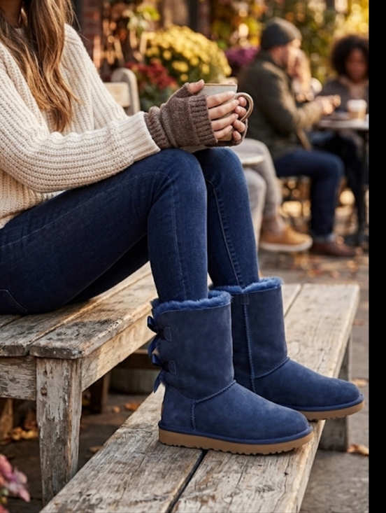 UGG Shoes - UGG Navy Short Suede Boots with Shearling Trim, 2x Bows On Each Boot